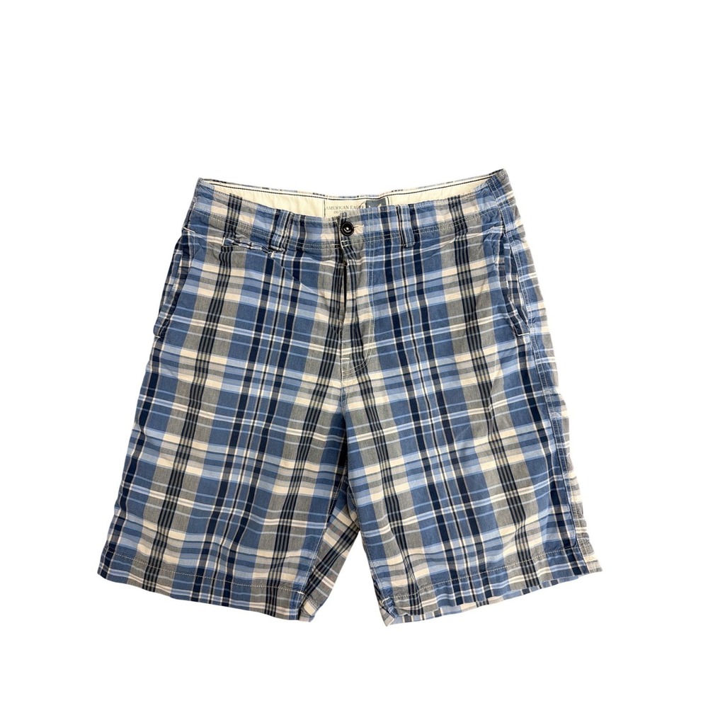 American Eagle Mens Plaid Shorts Blue White Cotton Longer Length Size 36 Flat